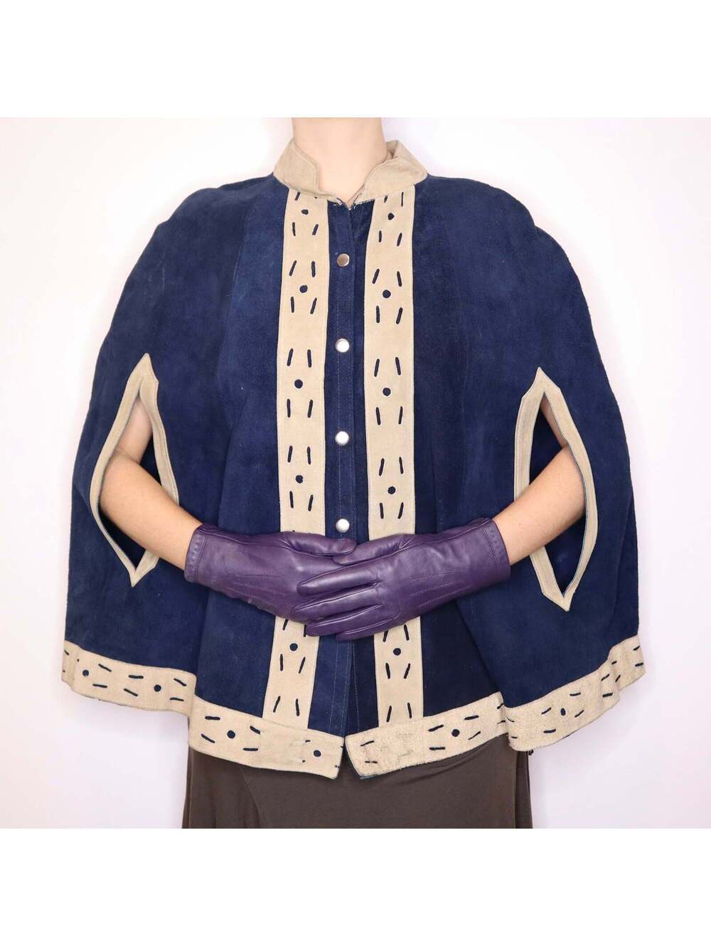70s Navy and Tan Suede Cape (S/M)